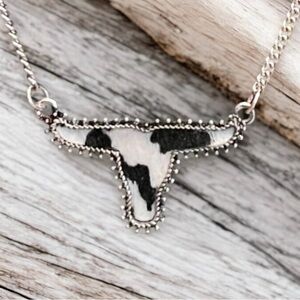 Longhorn Western Black & White Cowhide Necklace